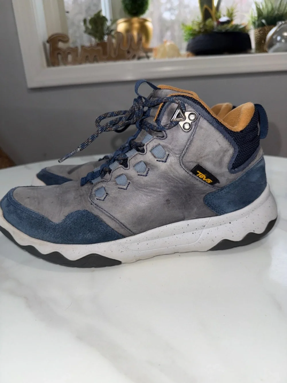 Teva Men’s Gray and Navy Mid-Top Boots with Yellow Accent